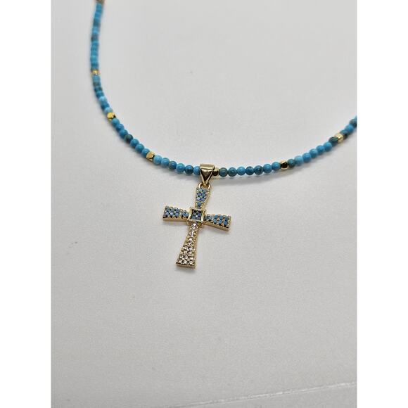 Handmade Blue Turquoise Cross Necklace Choose Gold Plate Adjustable Chain - Picture 8 of 9